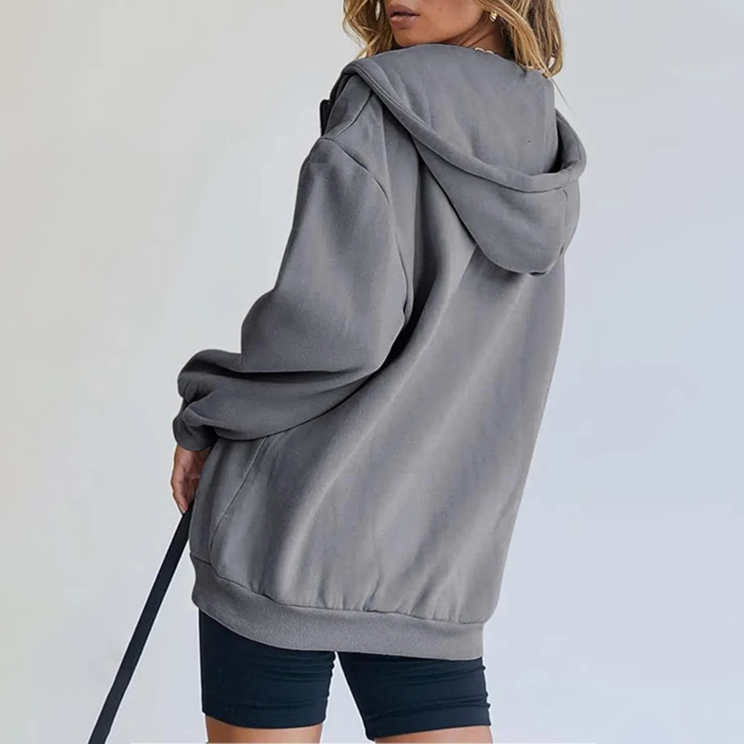 Miyaomn Fall Casual Hooded Jacket for Women Drawstring Full Zip Long Sleeve Sweatshirt Plus Size Solid Loose Tops with Pocket