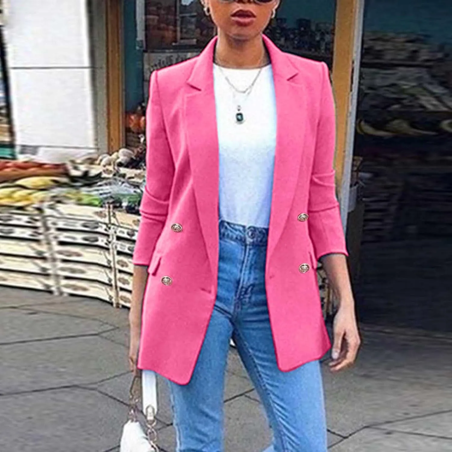 Miyaomn Womens Solid Color Casual Office Blazer Suit Jacket Slim Fit Double Breasted Notched Shawl Collar Sports Coat Outwear