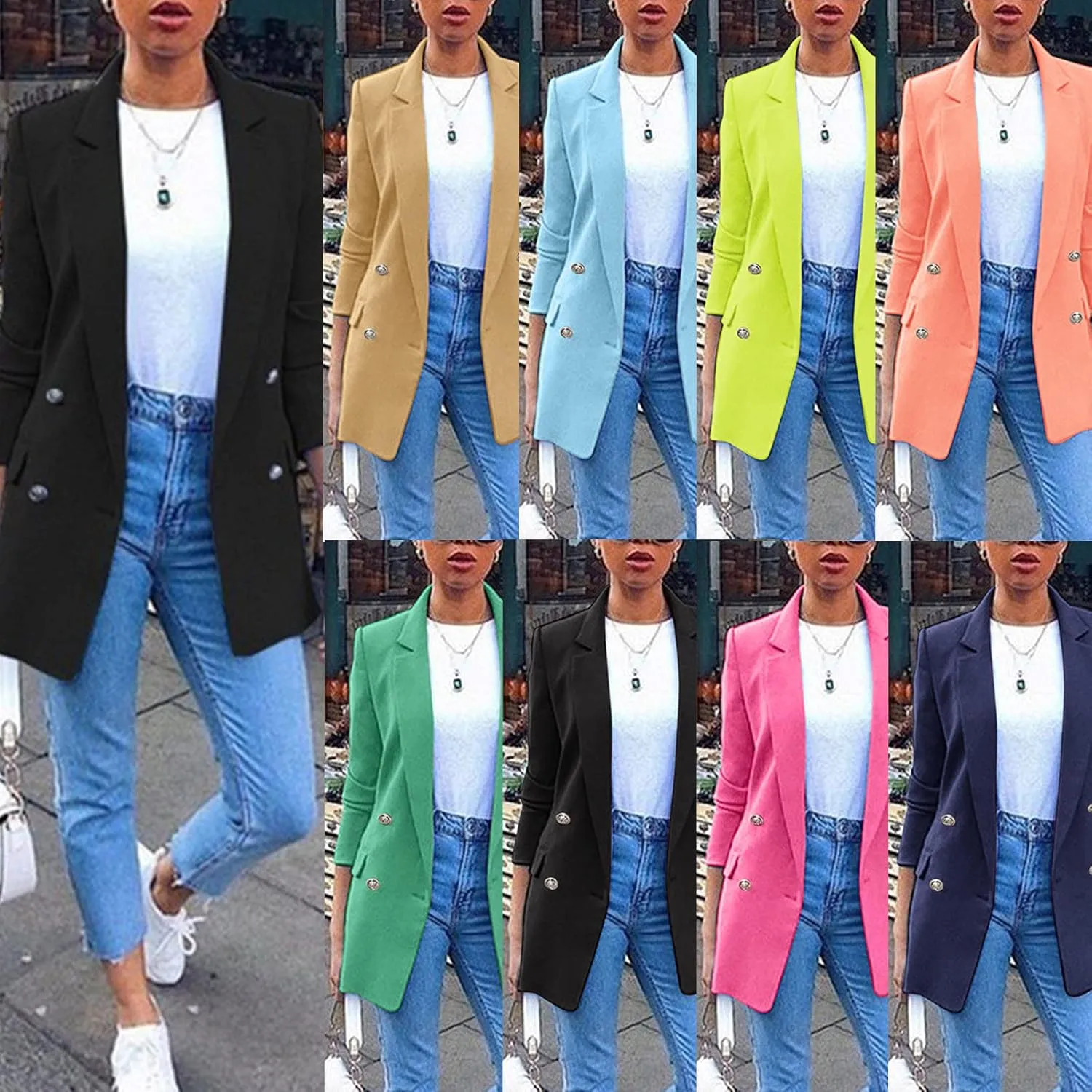 Miyaomn Womens Solid Color Casual Office Blazer Suit Jacket Slim Fit Double Breasted Notched Shawl Collar Sports Coat Outwear