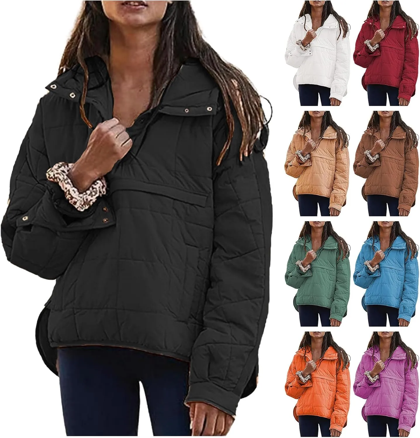 Mmoneyake Womens Quilted Puffer Jacket Baggy Lightweight Down Coat Long Sleeve Stand Collar Short Puffer Jackets with Pockets
