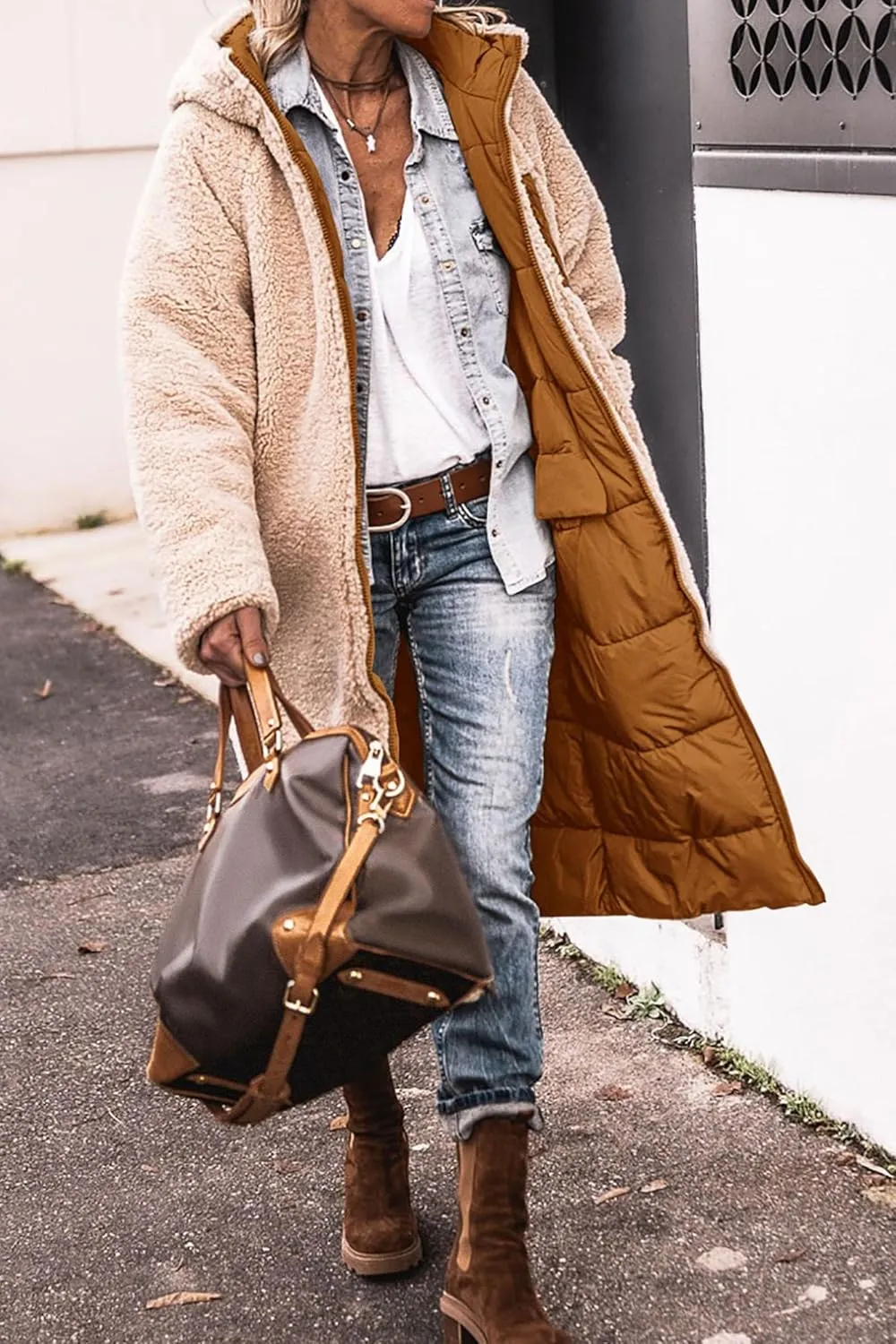 Mmoneyake Women's Reversible Long Puffer Jacket Oversized Shearling Fleece Down Coats Thickened Warm Windbreakers Outerwear