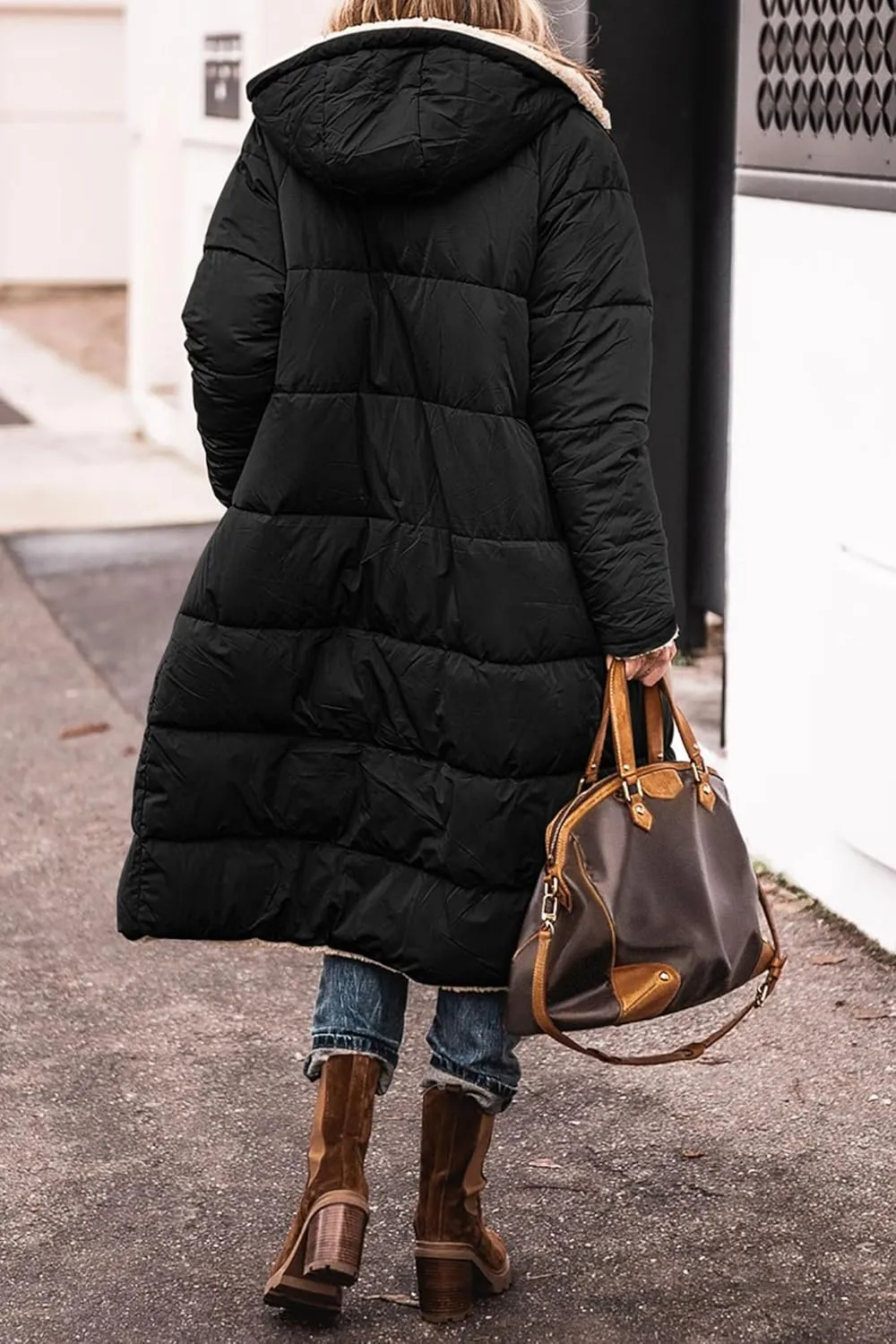 Mmoneyake Women's Reversible Long Puffer Jacket Oversized Shearling Fleece Down Coats Thickened Warm Windbreakers Outerwear