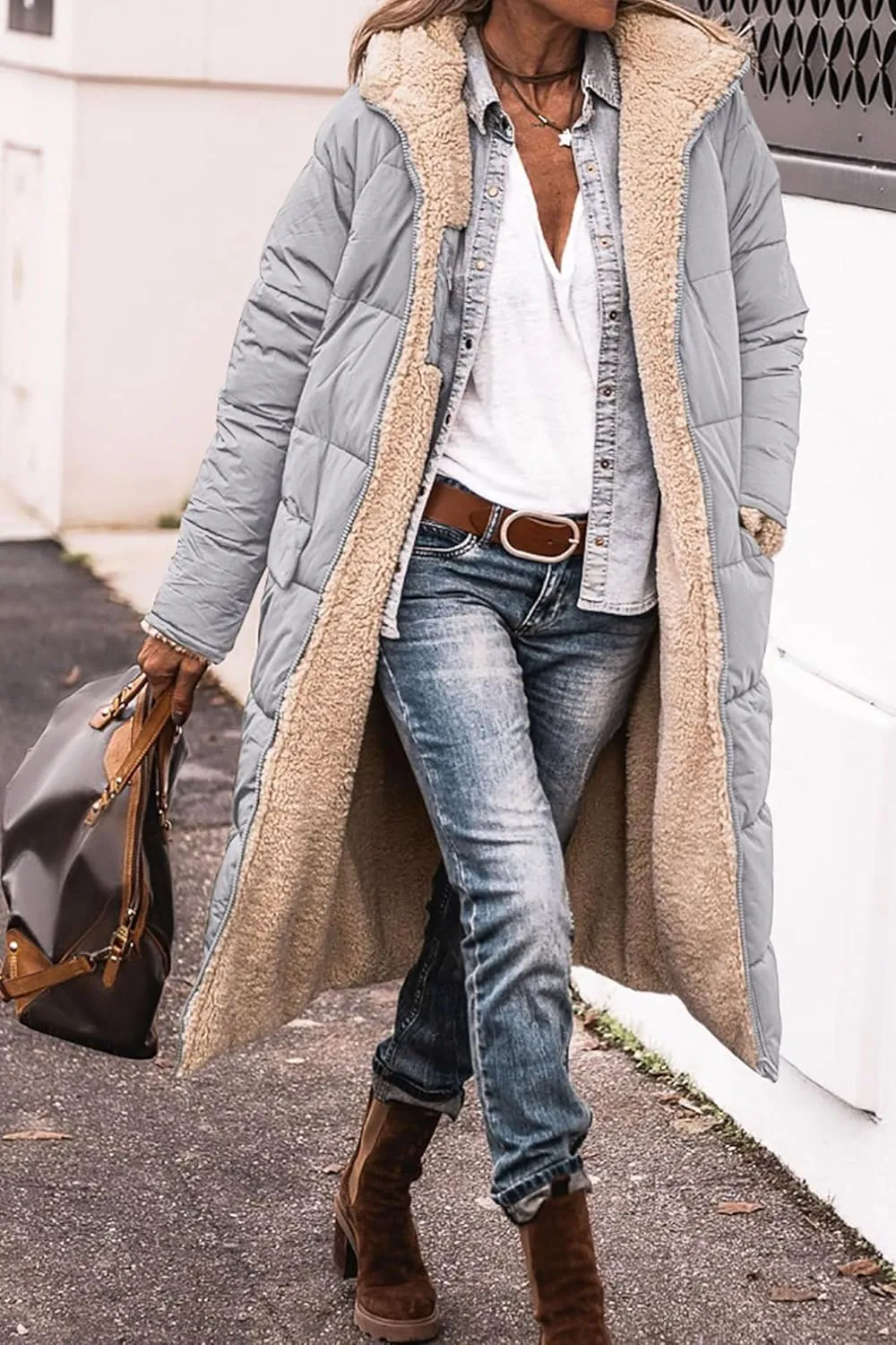Mmoneyake Women's Reversible Long Puffer Jacket Oversized Shearling Fleece Down Coats Thickened Warm Windbreakers Outerwear