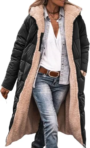 Mmoneyake Women's Reversible Long Puffer Jacket Oversized Shearling Fleece Down Coats Thickened Warm Windbreakers Outerwear