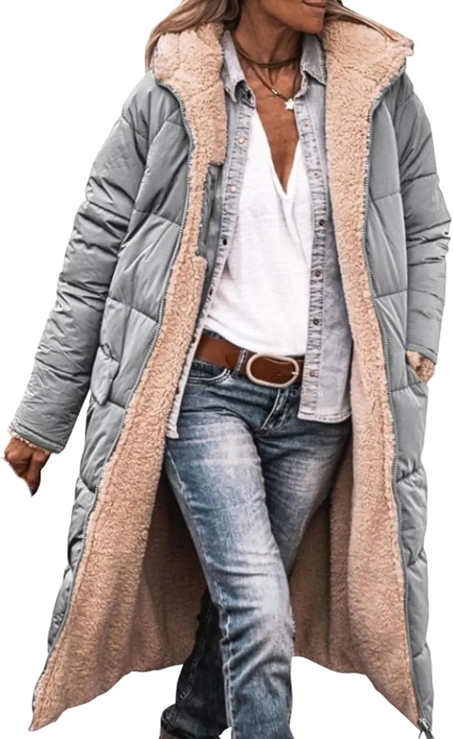 Mmoneyake Women's Reversible Long Puffer Jacket Oversized Shearling Fleece Down Coats Thickened Warm Windbreakers Outerwear