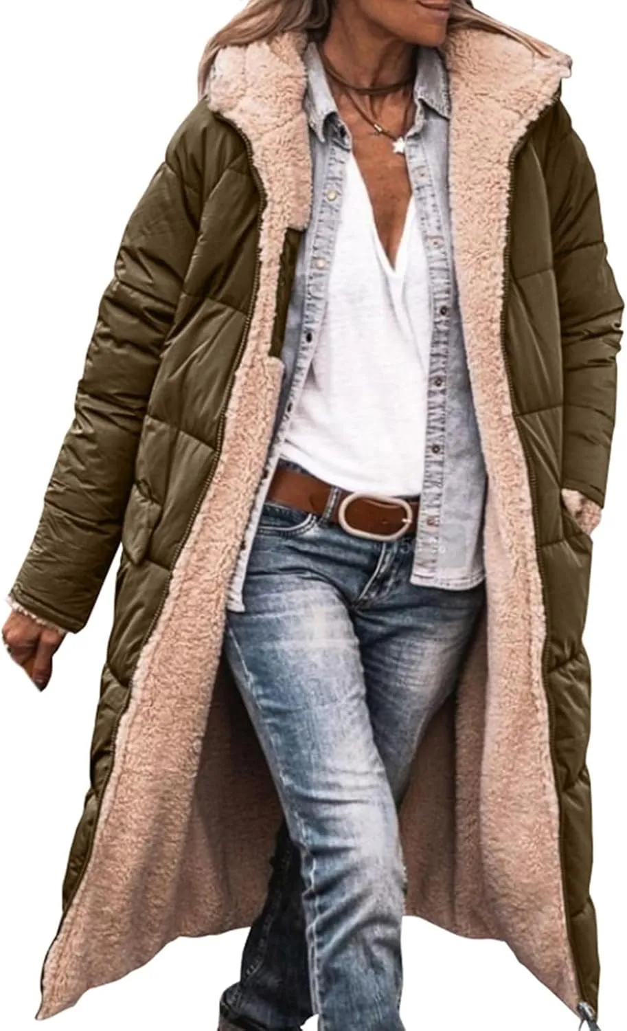 Mmoneyake Women's Reversible Long Puffer Jacket Oversized Shearling Fleece Down Coats Thickened Warm Windbreakers Outerwear