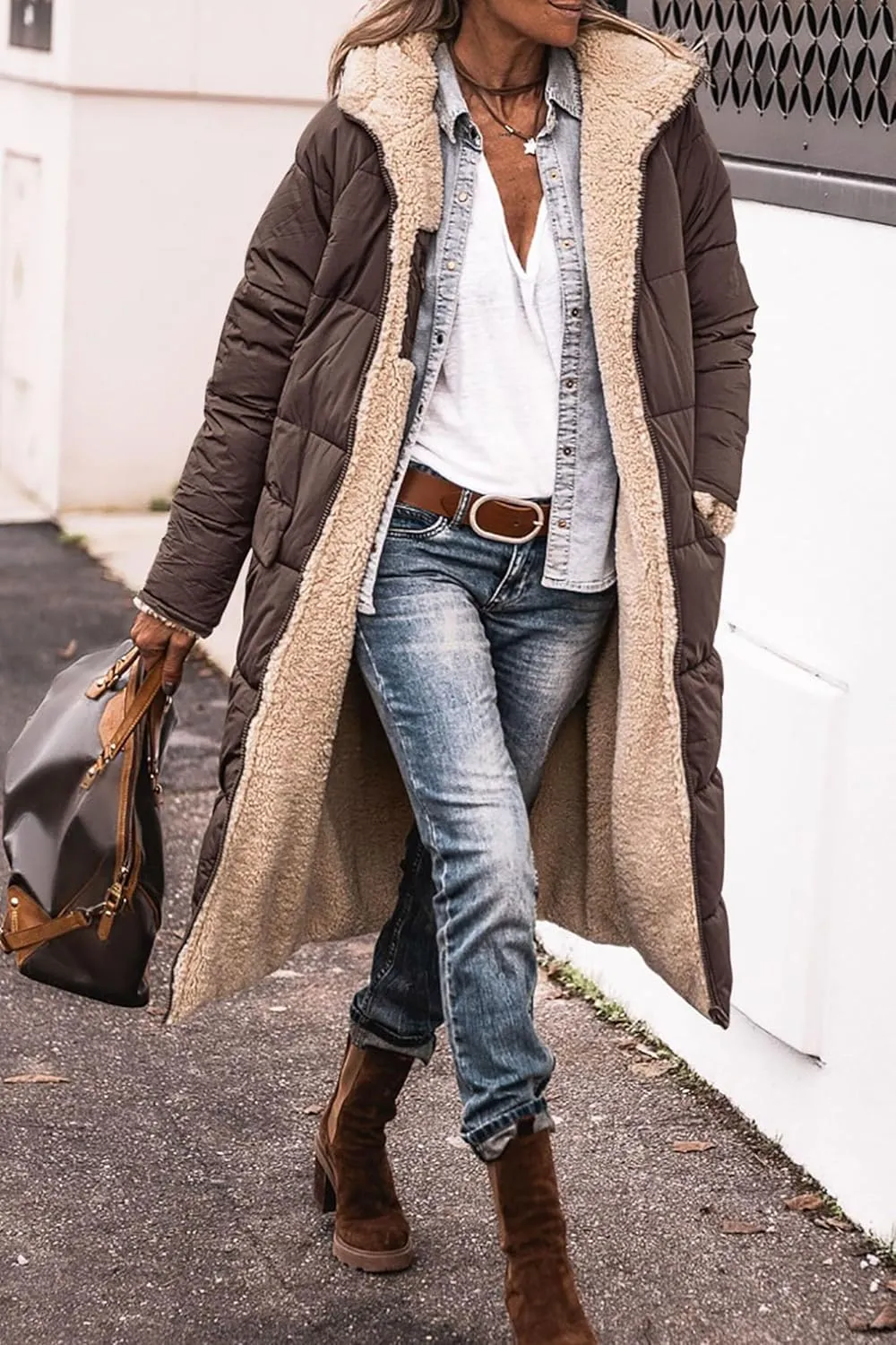 Mmoneyake Women's Reversible Long Puffer Jacket Oversized Shearling Fleece Down Coats Thickened Warm Windbreakers Outerwear