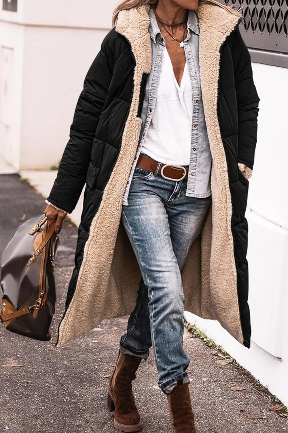 Mmoneyake Women's Reversible Long Puffer Jacket Oversized Shearling Fleece Down Coats Thickened Warm Windbreakers Outerwear