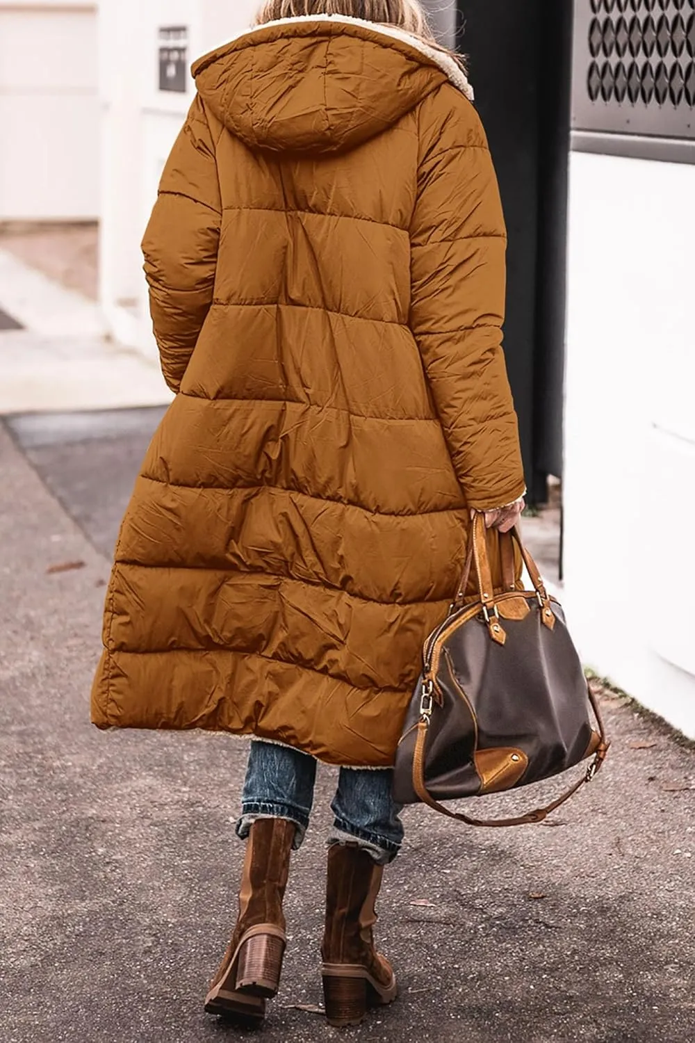 Mmoneyake Women's Reversible Long Puffer Jacket Oversized Shearling Fleece Down Coats Thickened Warm Windbreakers Outerwear