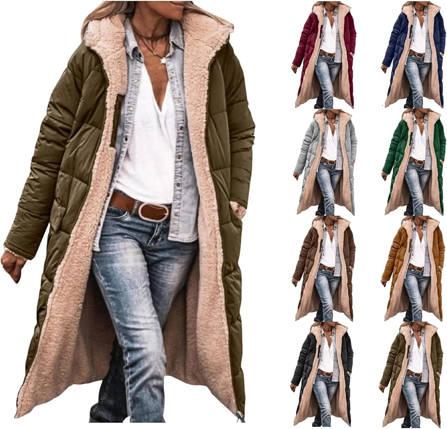 Mmoneyake Women's Reversible Long Puffer Jacket Oversized Shearling Fleece Down Coats Thickened Warm Windbreakers Outerwear