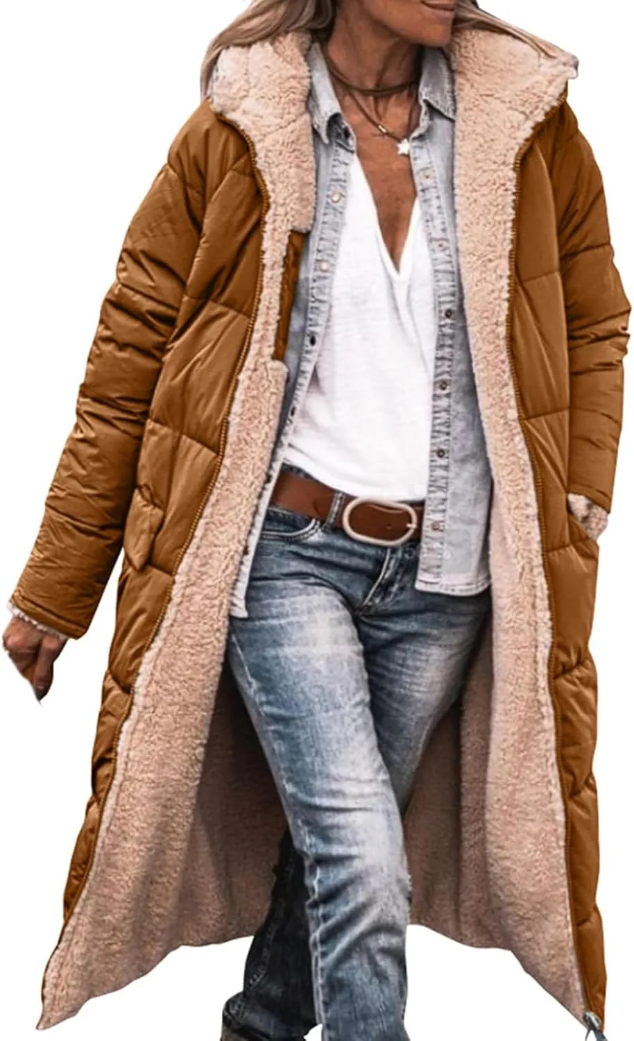 Mmoneyake Women's Reversible Long Puffer Jacket Oversized Shearling Fleece Down Coats Thickened Warm Windbreakers Outerwear