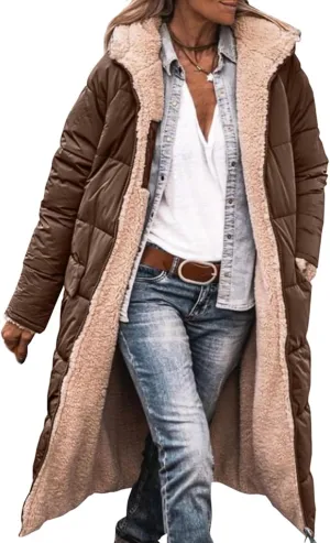 Mmoneyake Women's Reversible Long Puffer Jacket Oversized Shearling Fleece Down Coats Thickened Warm Windbreakers Outerwear