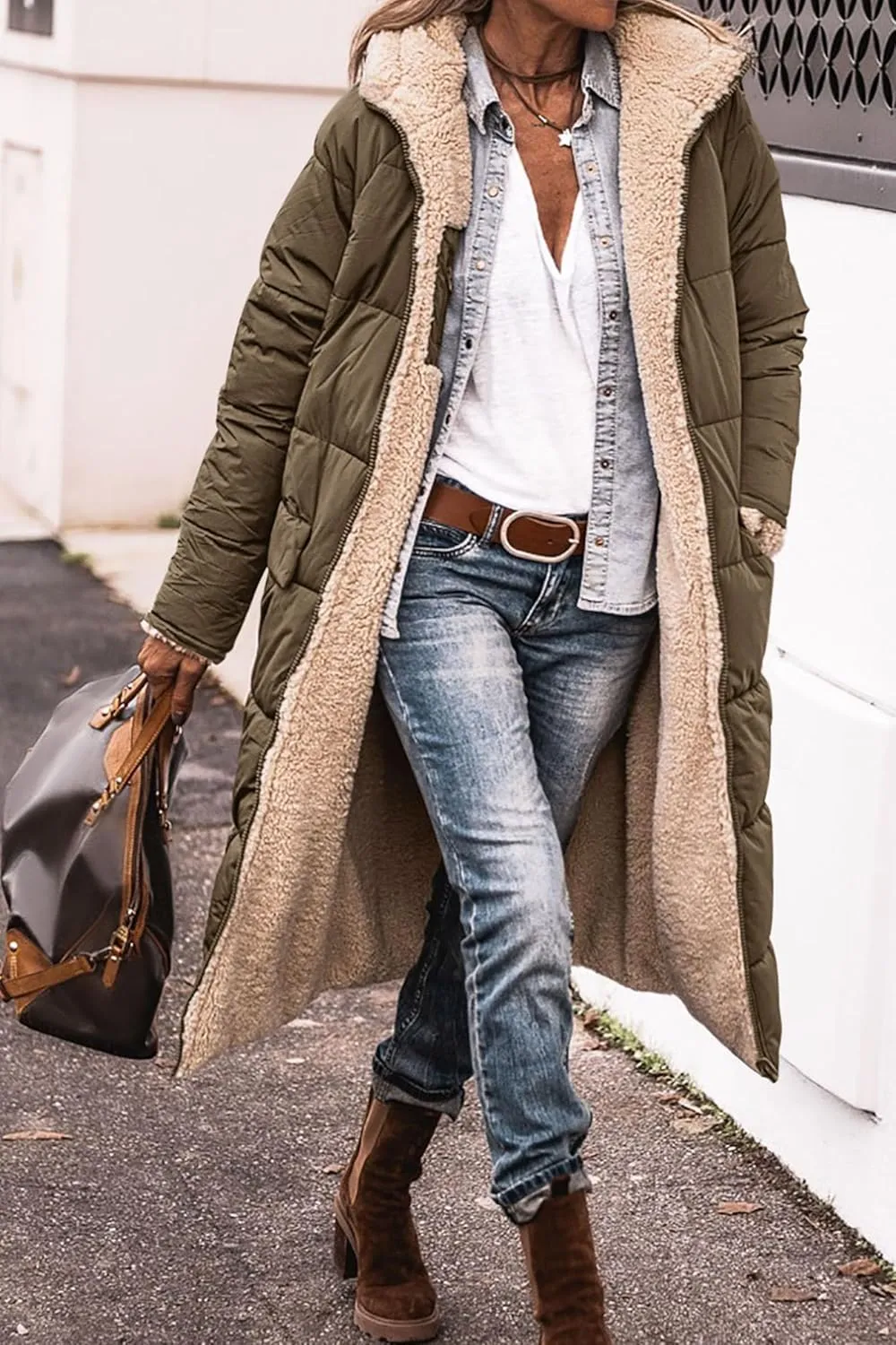Mmoneyake Women's Reversible Long Puffer Jacket Oversized Shearling Fleece Down Coats Thickened Warm Windbreakers Outerwear