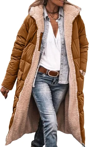 Mmoneyake Women's Reversible Long Puffer Jacket Oversized Shearling Fleece Down Coats Thickened Warm Windbreakers Outerwear