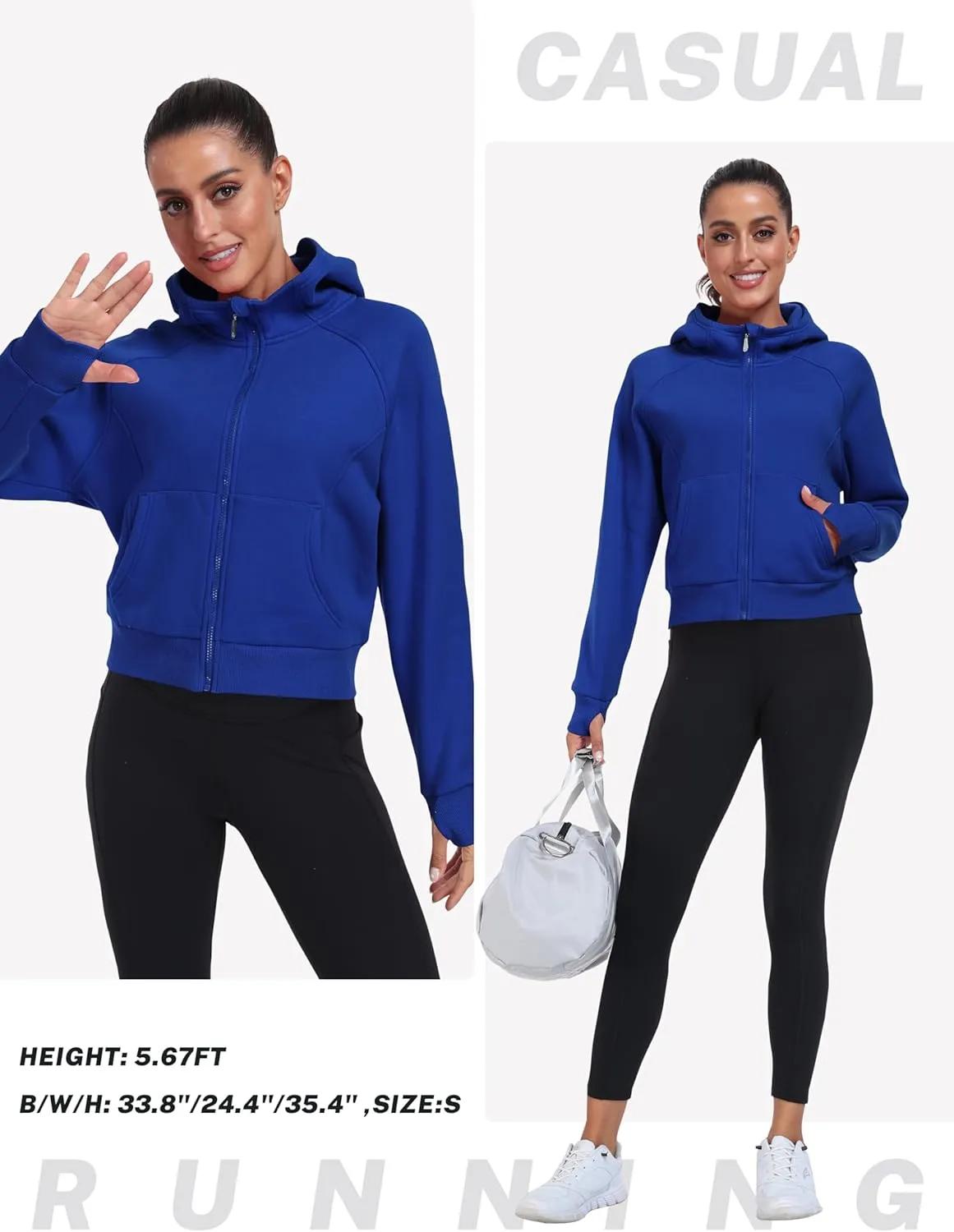 MoFiz Women's Full Zipper Fleece Jackes Long Sleeve Crop Athletic Sweatshirts with Thumb Hole Sports Hoodies Pullover Tops