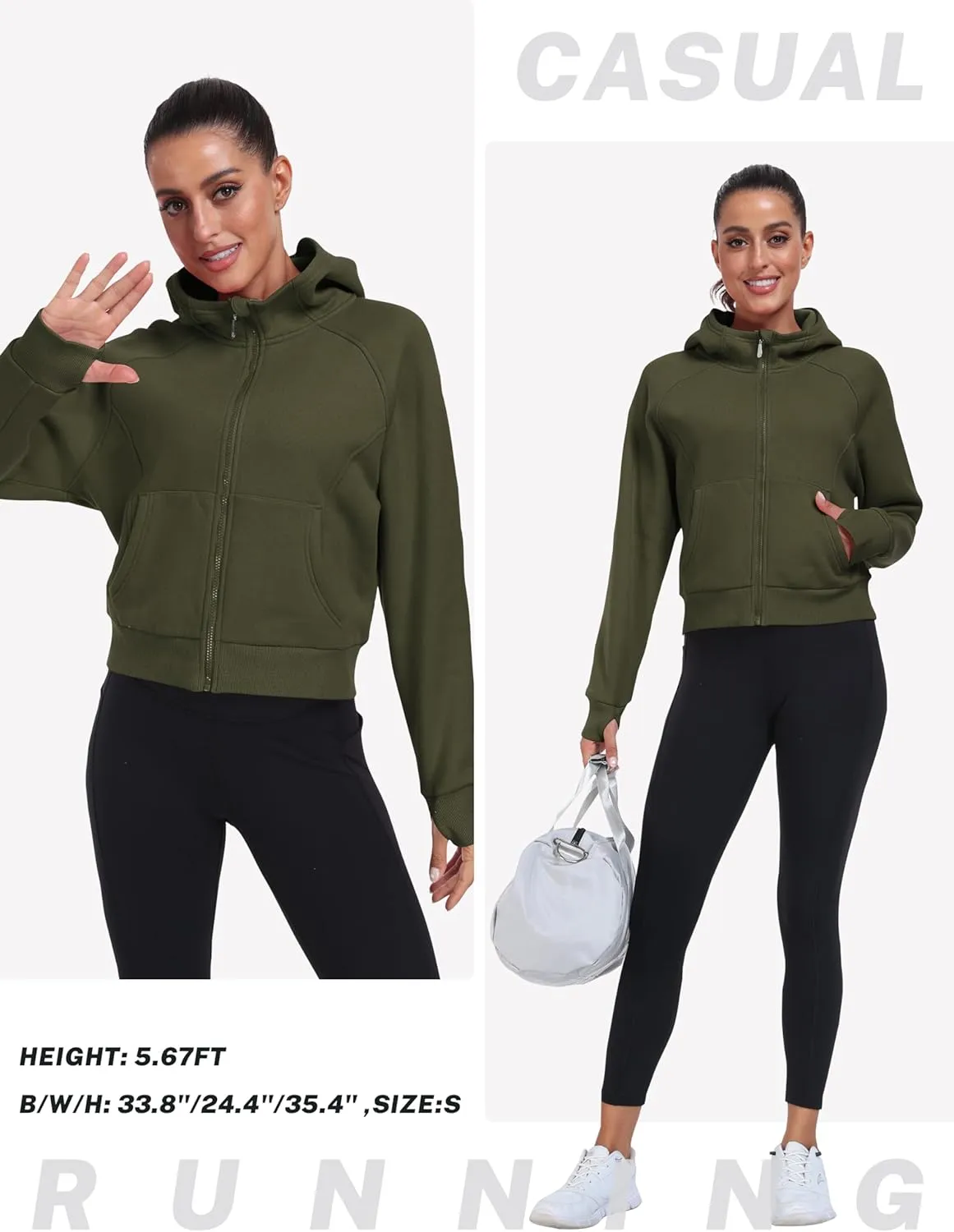 MoFiz Women's Full Zipper Fleece Jackes Long Sleeve Crop Athletic Sweatshirts with Thumb Hole Sports Hoodies Pullover Tops
