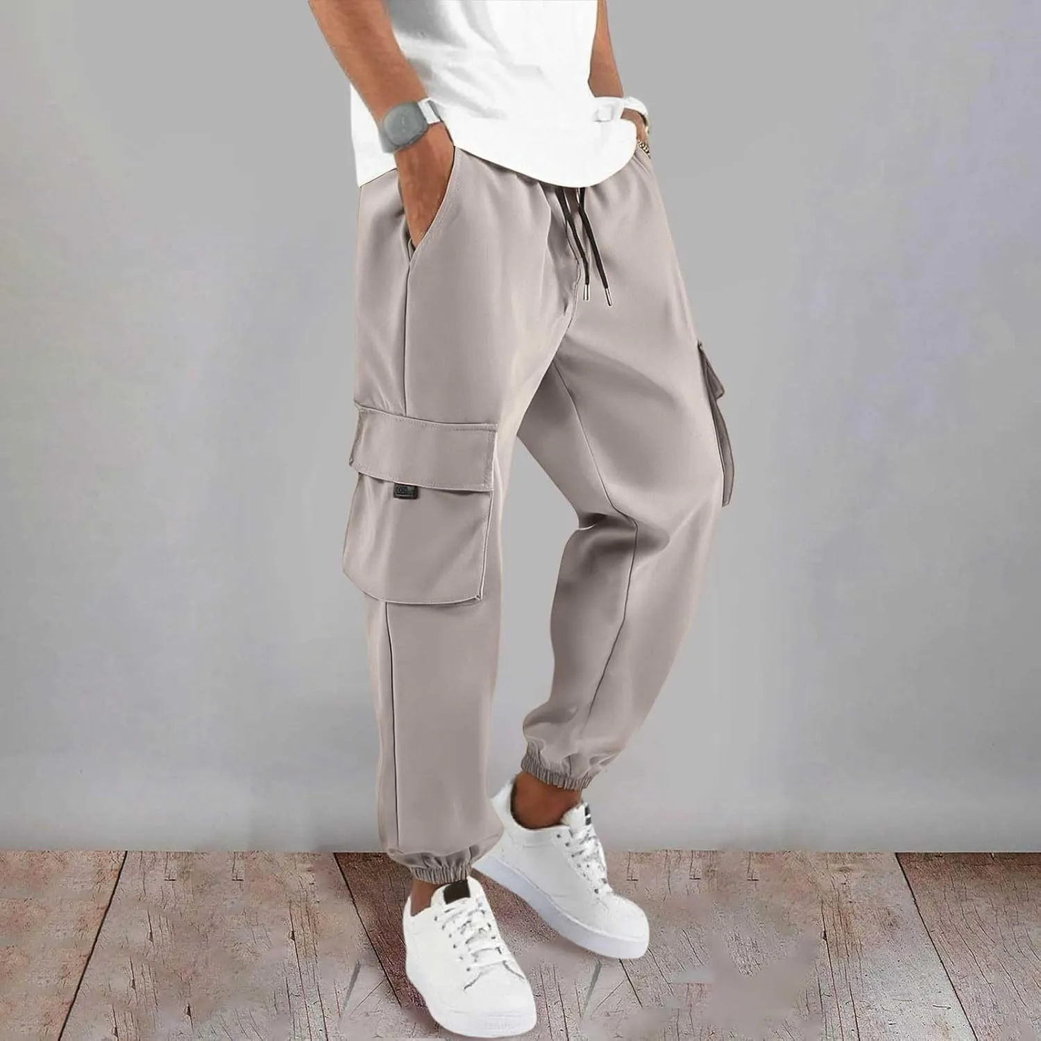 Multi Pockets Cargo Pants for Men Cinch Bottom Running Outdoor Joggers Stretchy Workout Lightweight Hiking Trousers