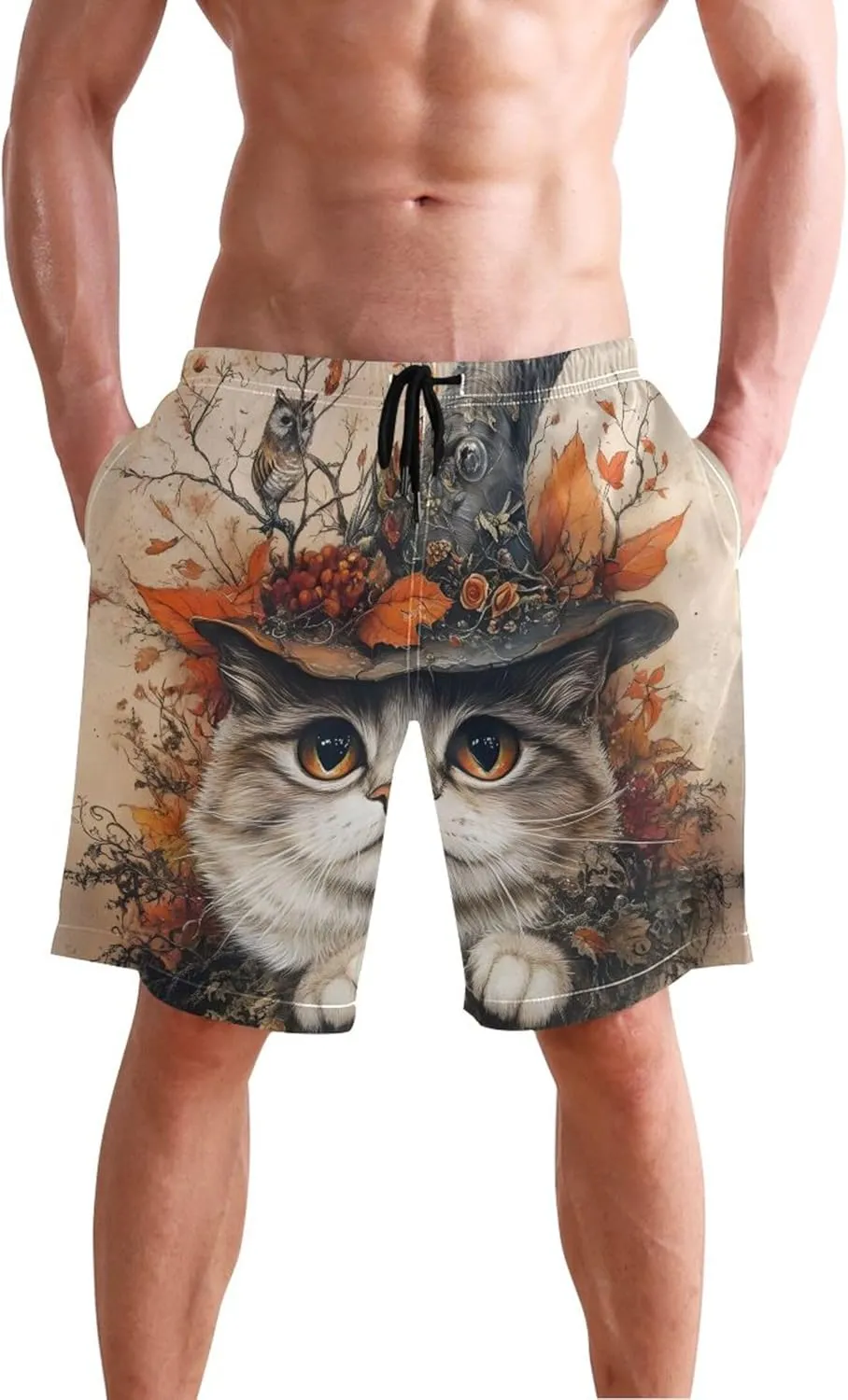 Mystical Cat Witch Hat Autumn Men Swim Trunks Funny Beach Swimming Shorts Vacation Bathing Suit Swimwear S