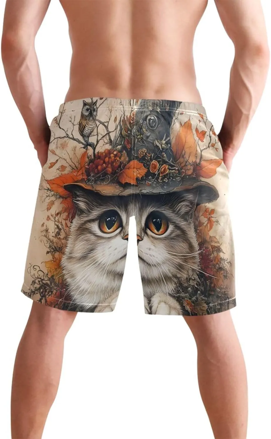 Mystical Cat Witch Hat Autumn Men Swim Trunks Funny Beach Swimming Shorts Vacation Bathing Suit Swimwear S