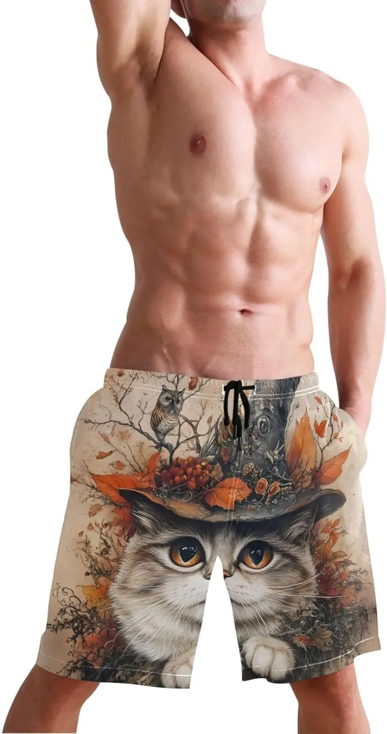 Mystical Cat Witch Hat Autumn Men Swim Trunks Funny Beach Swimming Shorts Vacation Bathing Suit Swimwear S