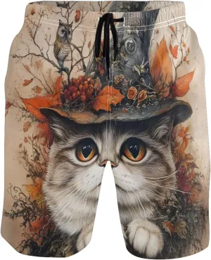 Mystical Cat Witch Hat Autumn Men Swim Trunks Funny Beach Swimming Shorts Vacation Bathing Suit Swimwear S