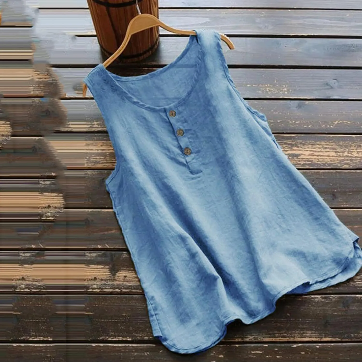 Mzkdieey Cotton Linen Tank Tops for Women Scoop Neck Button Down Henley Shirts Summer Casual Sleeveless Loose Fit T-Shirt