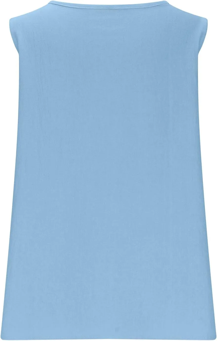 Mzkdieey Cotton Linen Tank Tops for Women Scoop Neck Button Down Henley Shirts Summer Casual Sleeveless Loose Fit T-Shirt