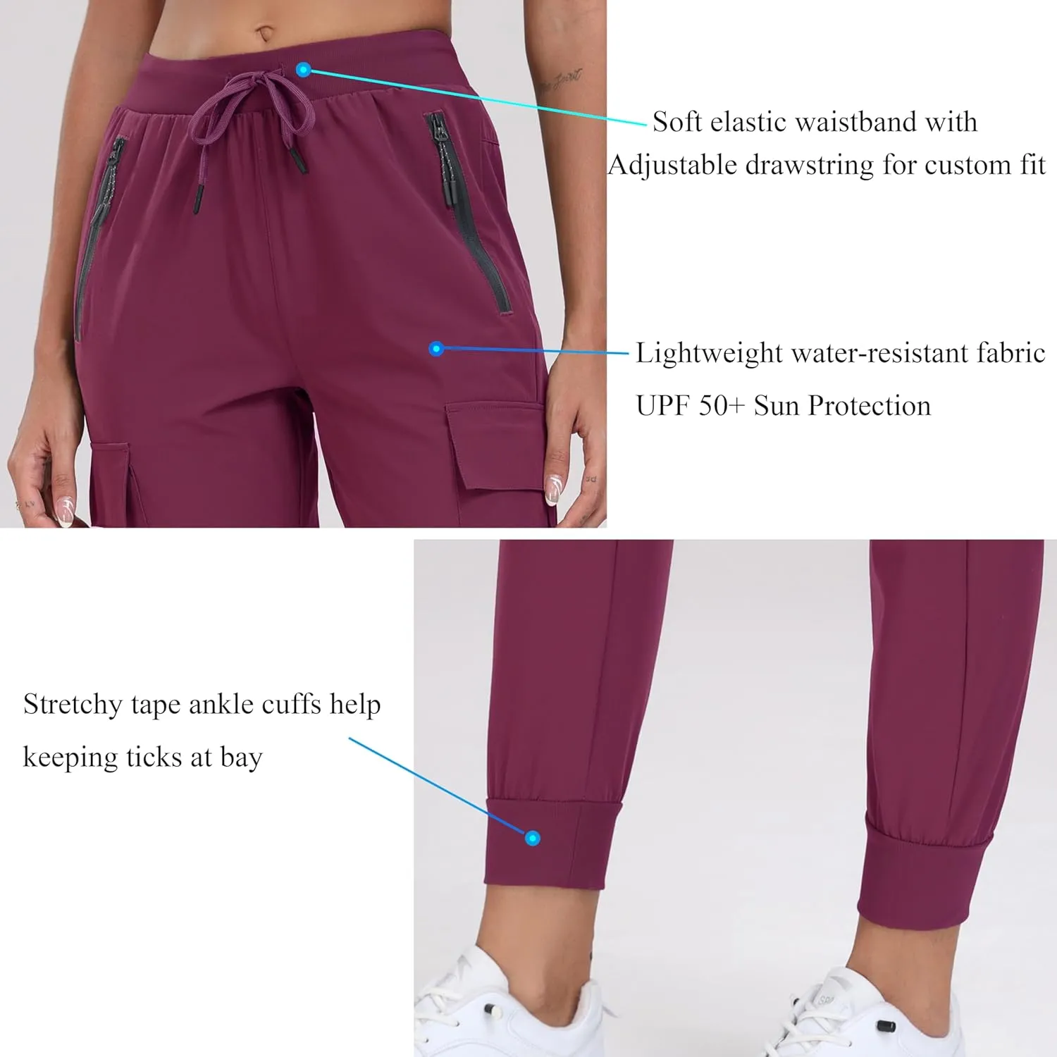 Oalka Women's Cargo Hiking Pants Lightweight Travel Pockets Joggers Quick Dry