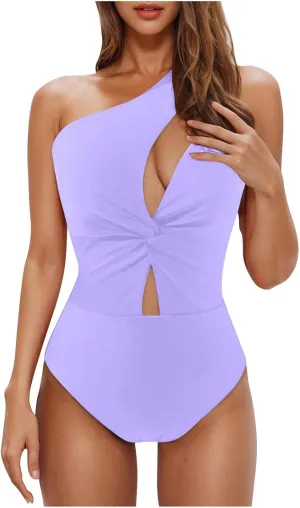 One Piece Swimsuit for Women One Shoulder Backless Swimwear Sexy Hollow Out Solid Color Crisscross Bathing Suits