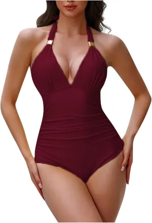 One Piece Swimsuit Women High Waisted Bikini Sets Tummy Control Slimming Swimsuits Deep V Neck Swimwear Bathing Suits