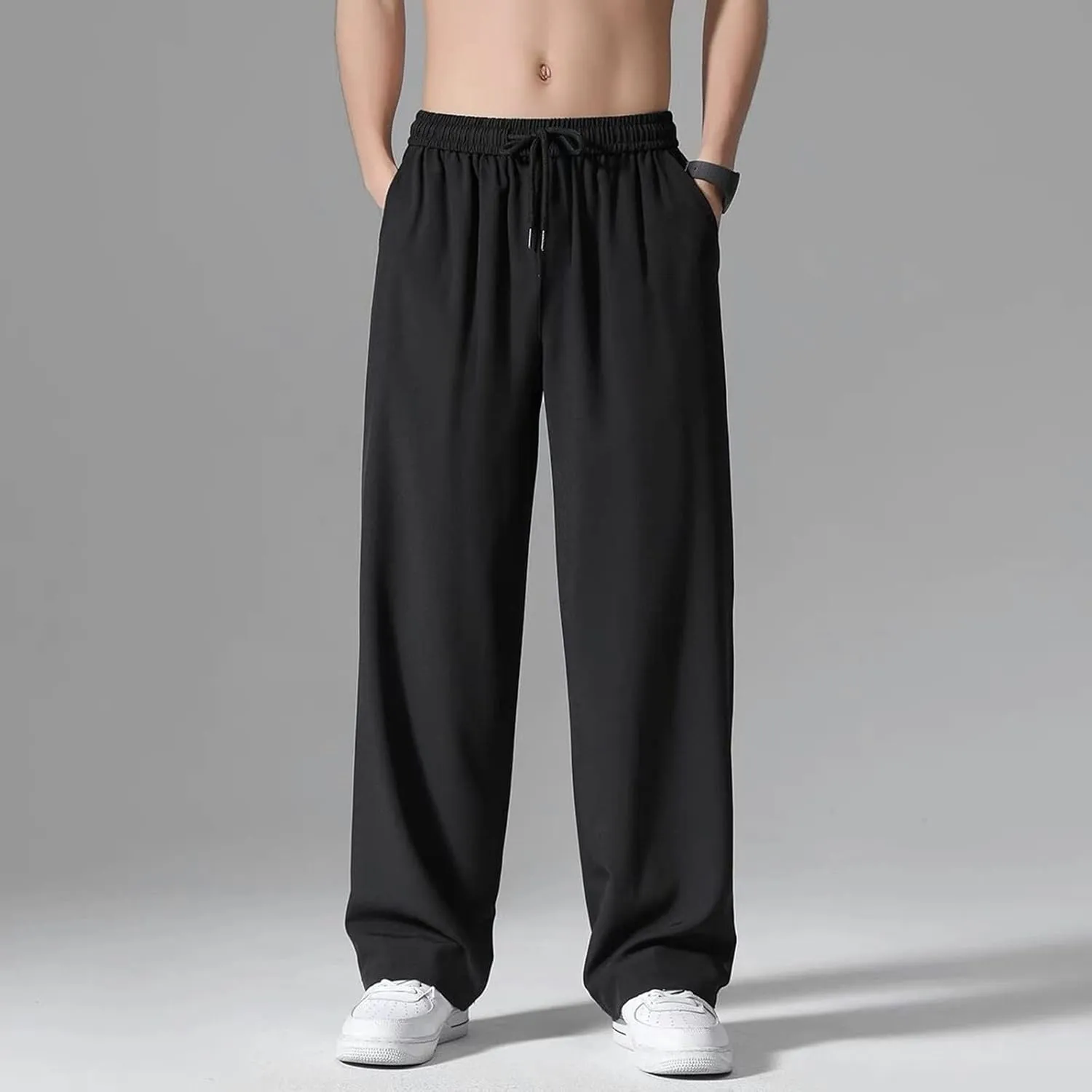 Outdoor Casual Sweatpants for Men Loose Fit Fleece-Lined High Elastic Waisted Plus Size Pants Solid Baggy Comfort Trousers