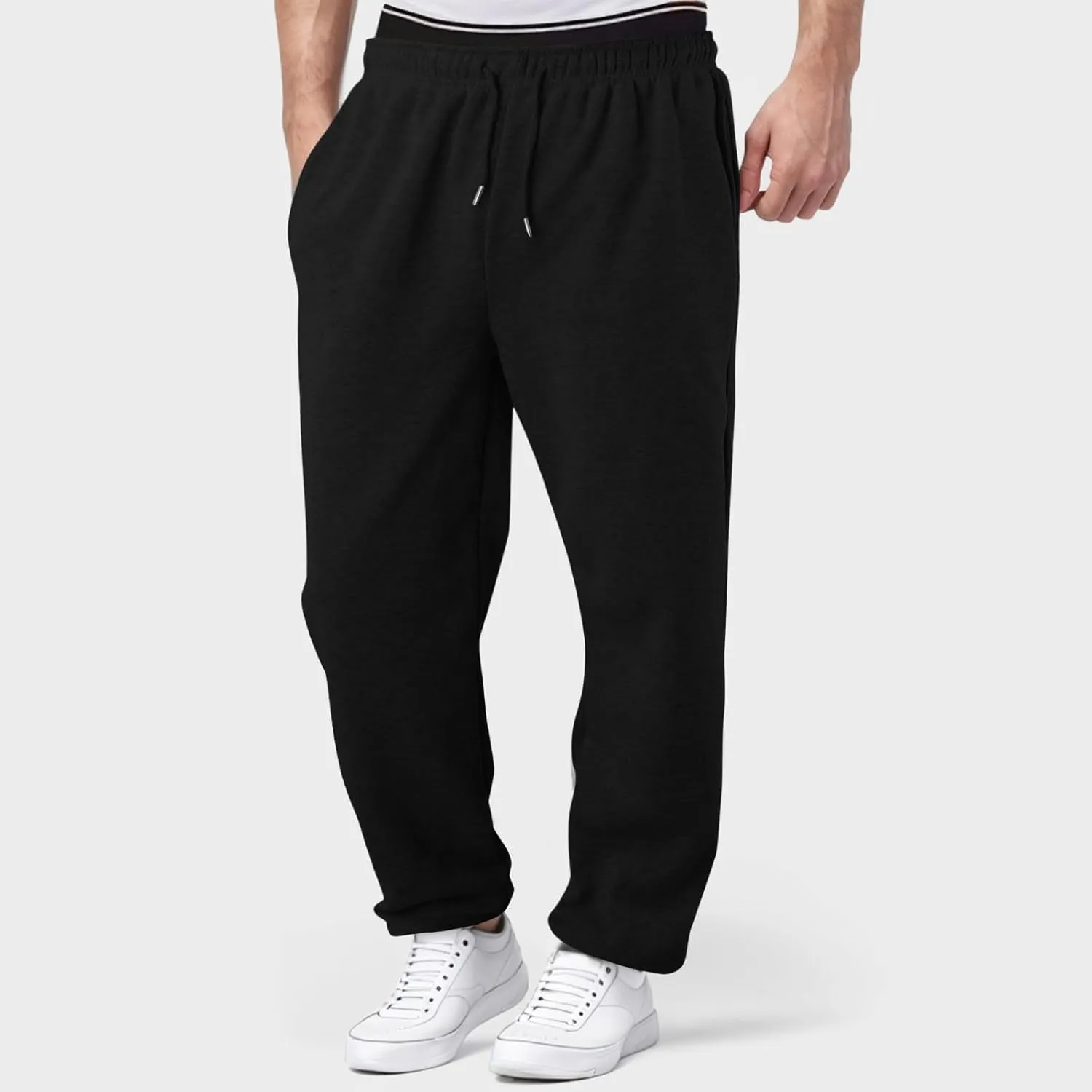 Outdoor Casual Sweatpants for Men Loose Fit Fleece-Lined High Elastic Waisted Plus Size Pants Solid Baggy Comfort Trousers