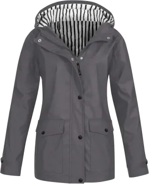 Outdoor Rain Jacket for Women Lightweight Waterproof Windbreaker Long Hooded Trench Coat Stripes Lined Travel Jackets