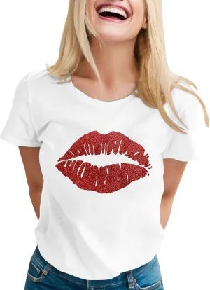 Oversized Shirts for Women Valentine's Day Red Lip Print Pullover Tops Crew Neck Short Sleeve Fashion Graphic Tee Shirts Gifts for Friends Female (A11 White,M)