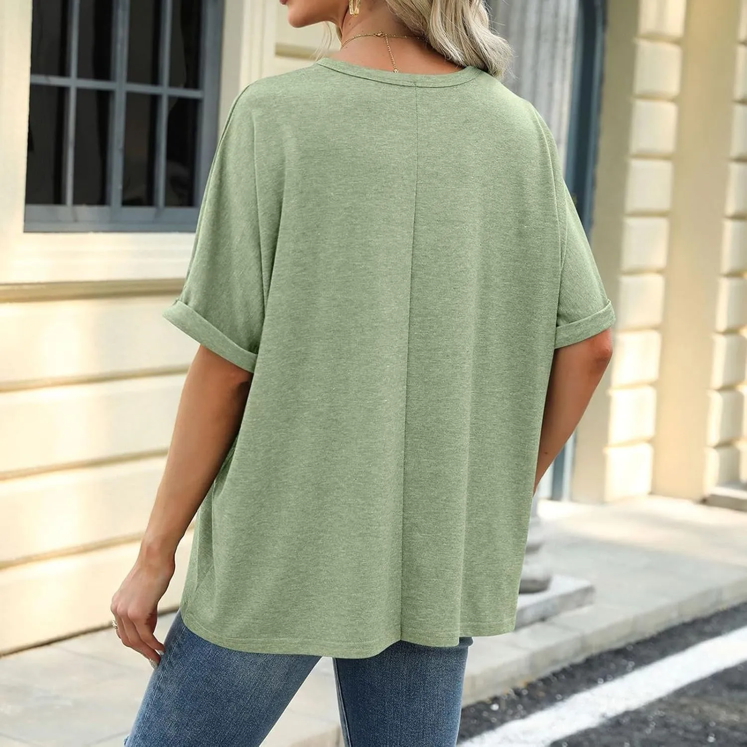 Oversized Tshirts for Women Crew Neck Rolled Elbow Length Summer Tops Dressy Half Sleeve Loose Fit Cute Shirts