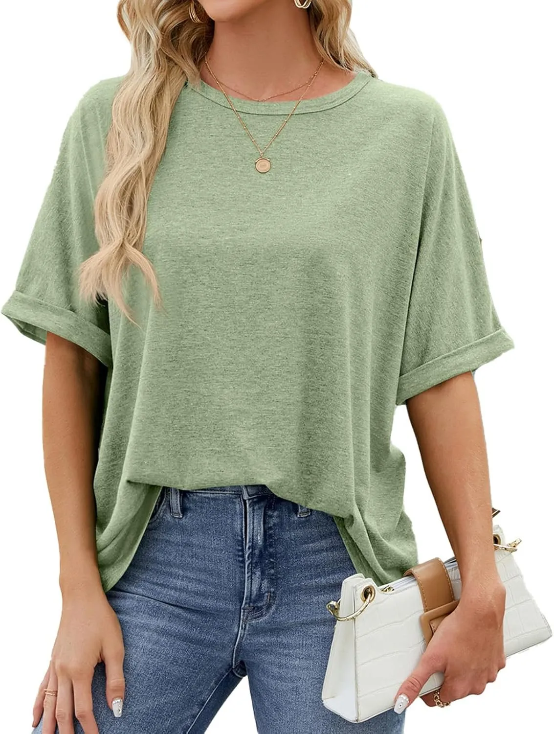 Oversized Tshirts for Women Crew Neck Rolled Elbow Length Summer Tops Dressy Half Sleeve Loose Fit Cute Shirts