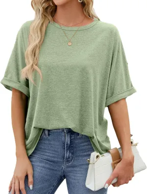 Oversized Tshirts for Women Crew Neck Rolled Elbow Length Summer Tops Dressy Half Sleeve Loose Fit Cute Shirts