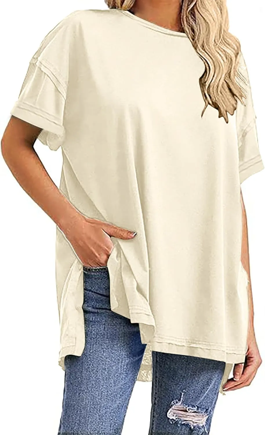 Oversized Tshirts for Women Patchwork Side Slit Summer Tops Casual Crewneck Short Sleeve Shirts Loose Fit Blouses