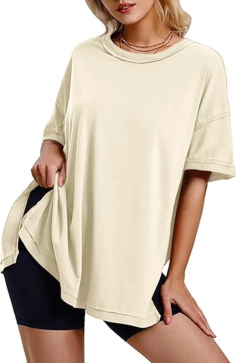 Oversized Tshirts for Women Patchwork Side Slit Summer Tops Casual Crewneck Short Sleeve Shirts Loose Fit Blouses