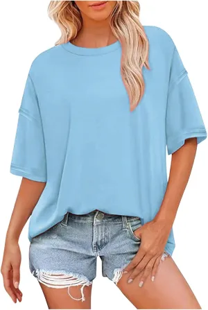 Oversized Tshirts for Women Patchwork Side Slit Summer Tops Casual Crewneck Short Sleeve Shirts Loose Fit Blouses