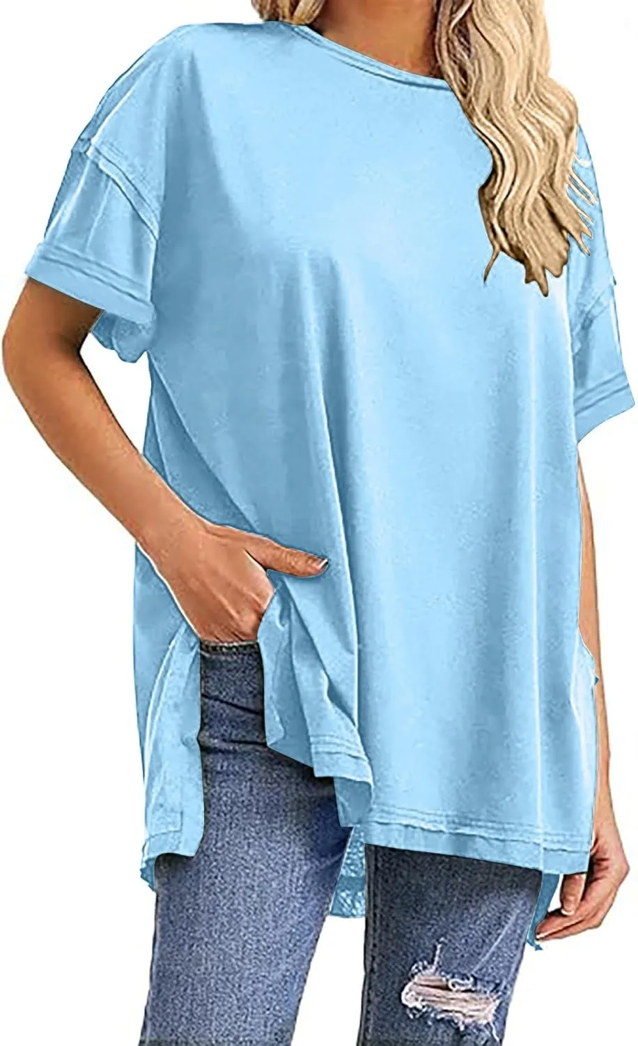 Oversized Tshirts for Women Patchwork Side Slit Summer Tops Casual Crewneck Short Sleeve Shirts Loose Fit Blouses