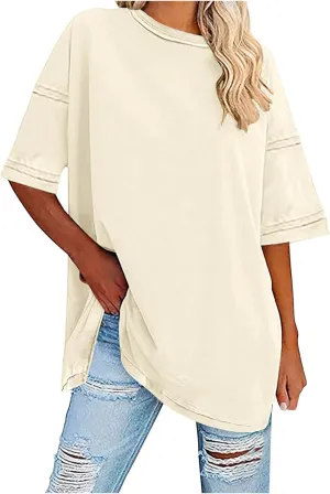 Oversized Tshirts for Women Patchwork Side Slit Summer Tops Casual Crewneck Short Sleeve Shirts Loose Fit Blouses