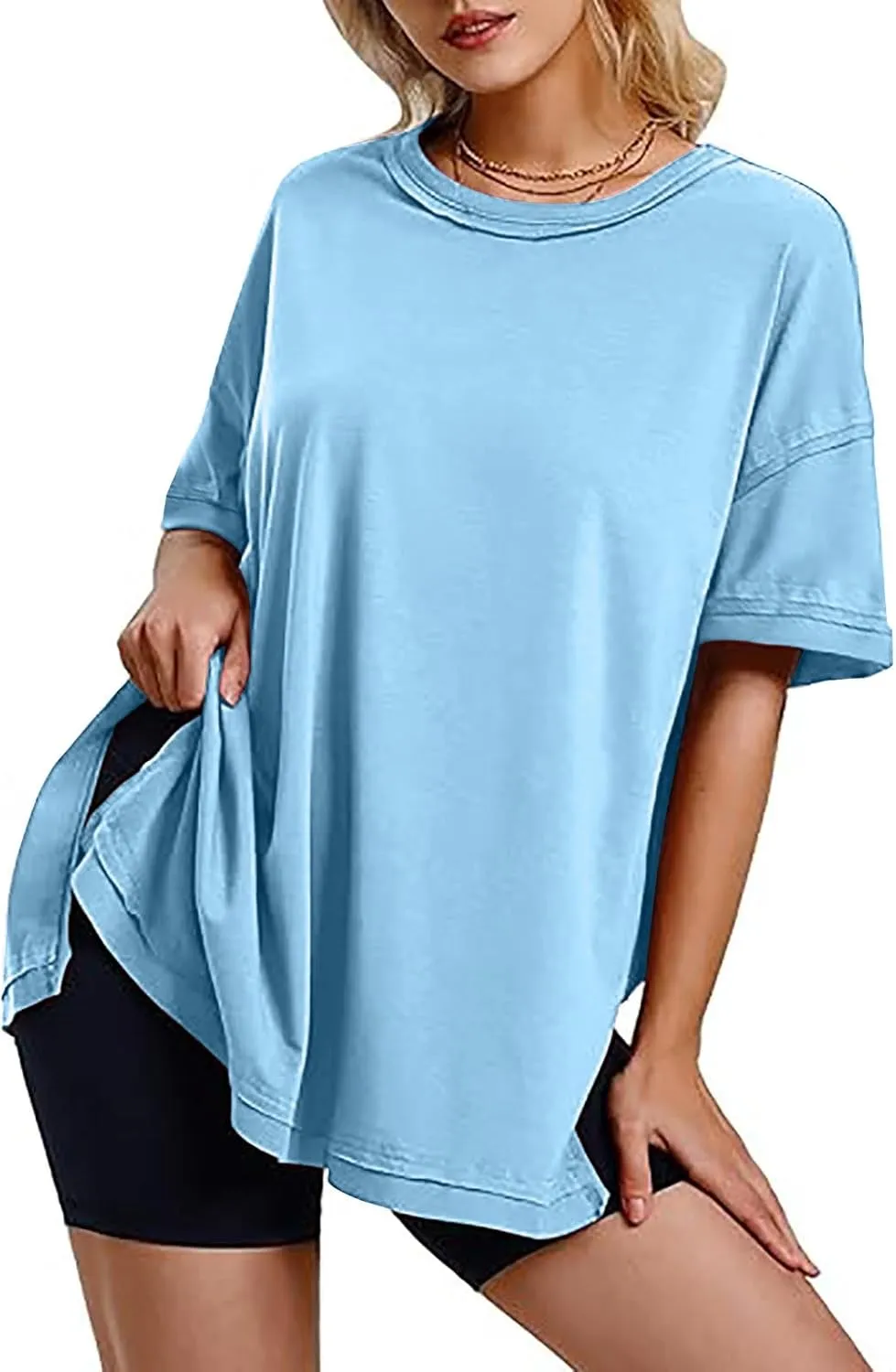 Oversized Tshirts for Women Patchwork Side Slit Summer Tops Casual Crewneck Short Sleeve Shirts Loose Fit Blouses