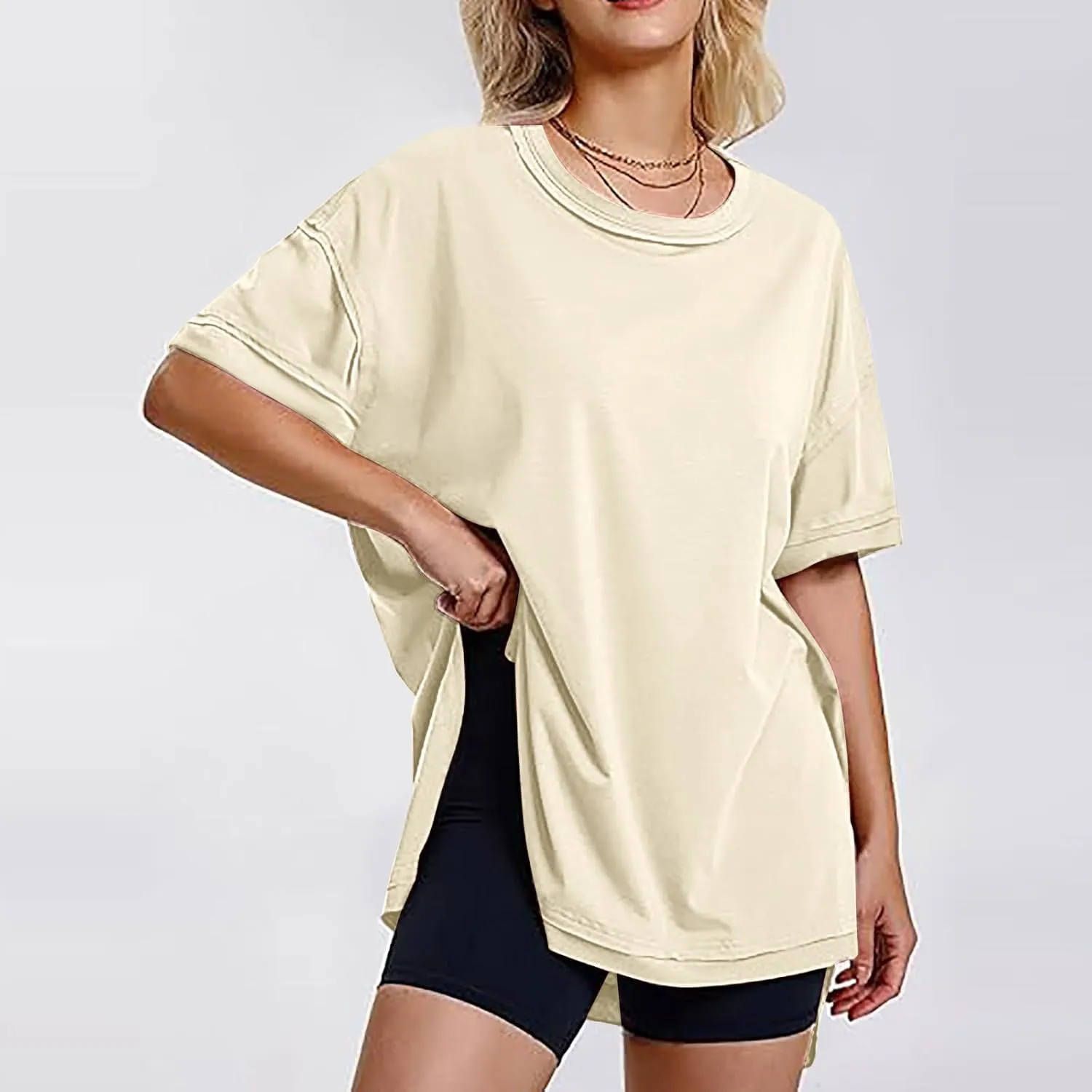 Oversized Tshirts for Women Patchwork Side Slit Summer Tops Casual Crewneck Short Sleeve Shirts Loose Fit Blouses