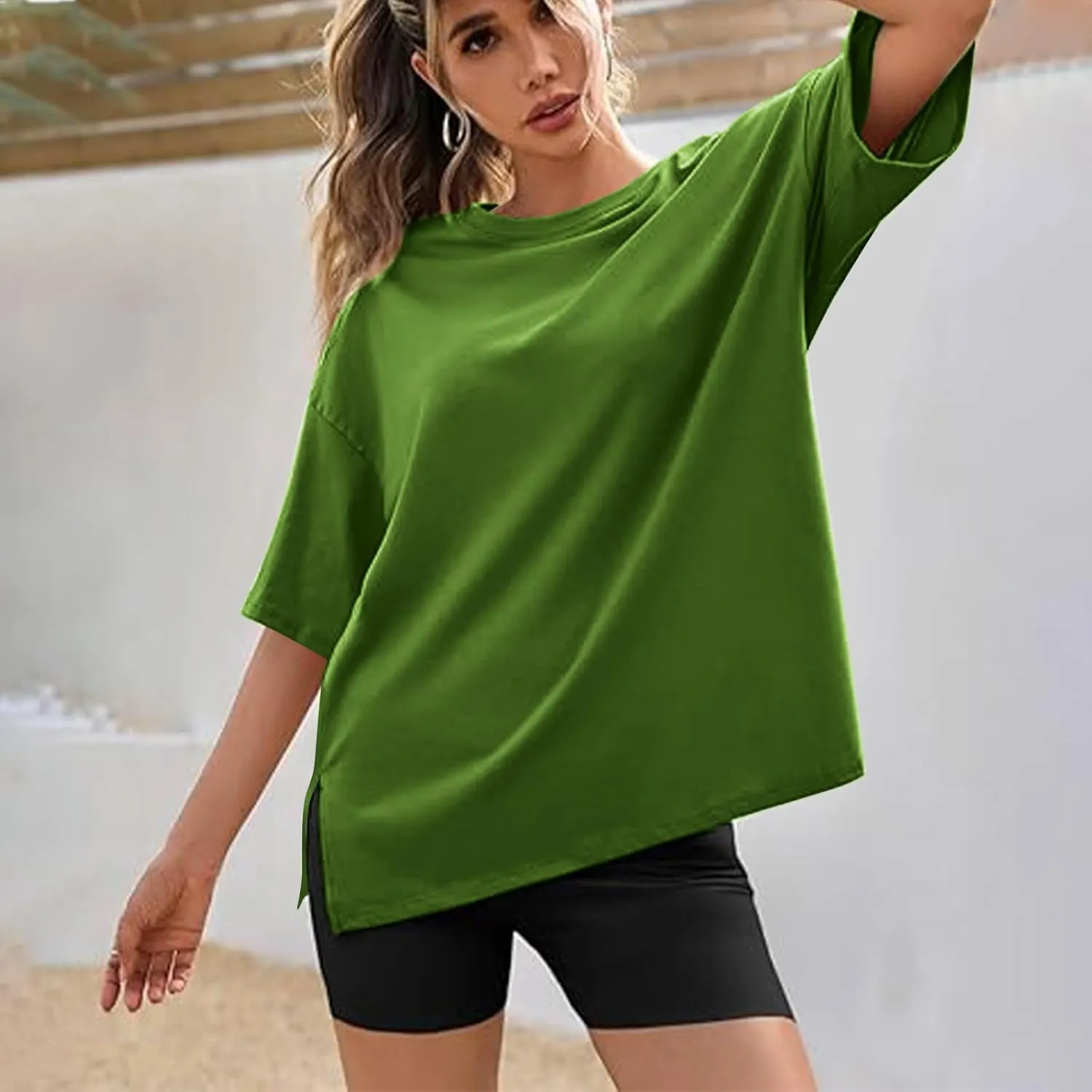 Oversized Tshirts for Women Patchwork Side Slit Summer Tops Crewneck Short Sleeve Shirts Blouses Workout Y2k Clothing