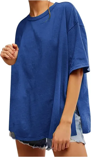 Oversized Tshirts for Women Patchwork Side Slit Summer Tops Crewneck Short Sleeve Shirts Blouses Workout Y2k Clothing