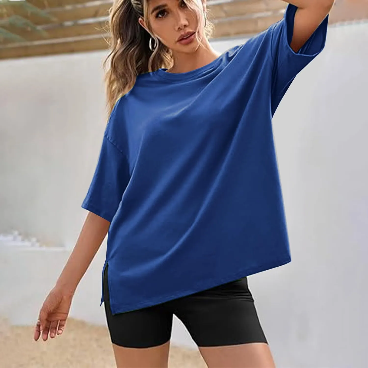 Oversized Tshirts for Women Patchwork Side Slit Summer Tops Crewneck Short Sleeve Shirts Blouses Workout Y2k Clothing
