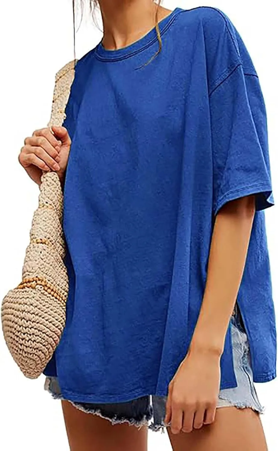 Oversized Tshirts for Women Patchwork Side Slit Summer Tops Crewneck Short Sleeve Shirts Blouses Workout Y2k Clothing