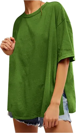 Oversized Tshirts for Women Patchwork Side Slit Summer Tops Crewneck Short Sleeve Shirts Blouses Workout Y2k Clothing