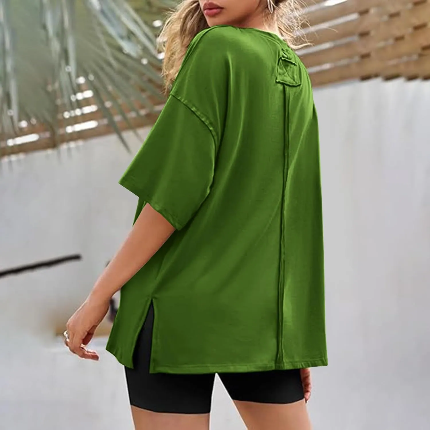 Oversized Tshirts for Women Patchwork Side Slit Summer Tops Crewneck Short Sleeve Shirts Blouses Workout Y2k Clothing